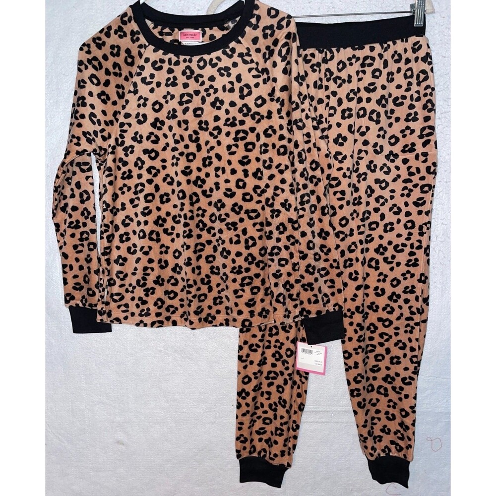 KATE SPADE Womens Pajama Set animal print cheetah fleece velvet joggers XL L NWT